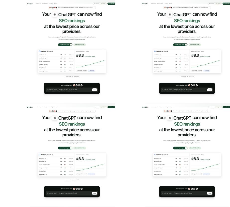 looot.ai homepage showing SEO ranking tracking and a one-line setup for AI agents